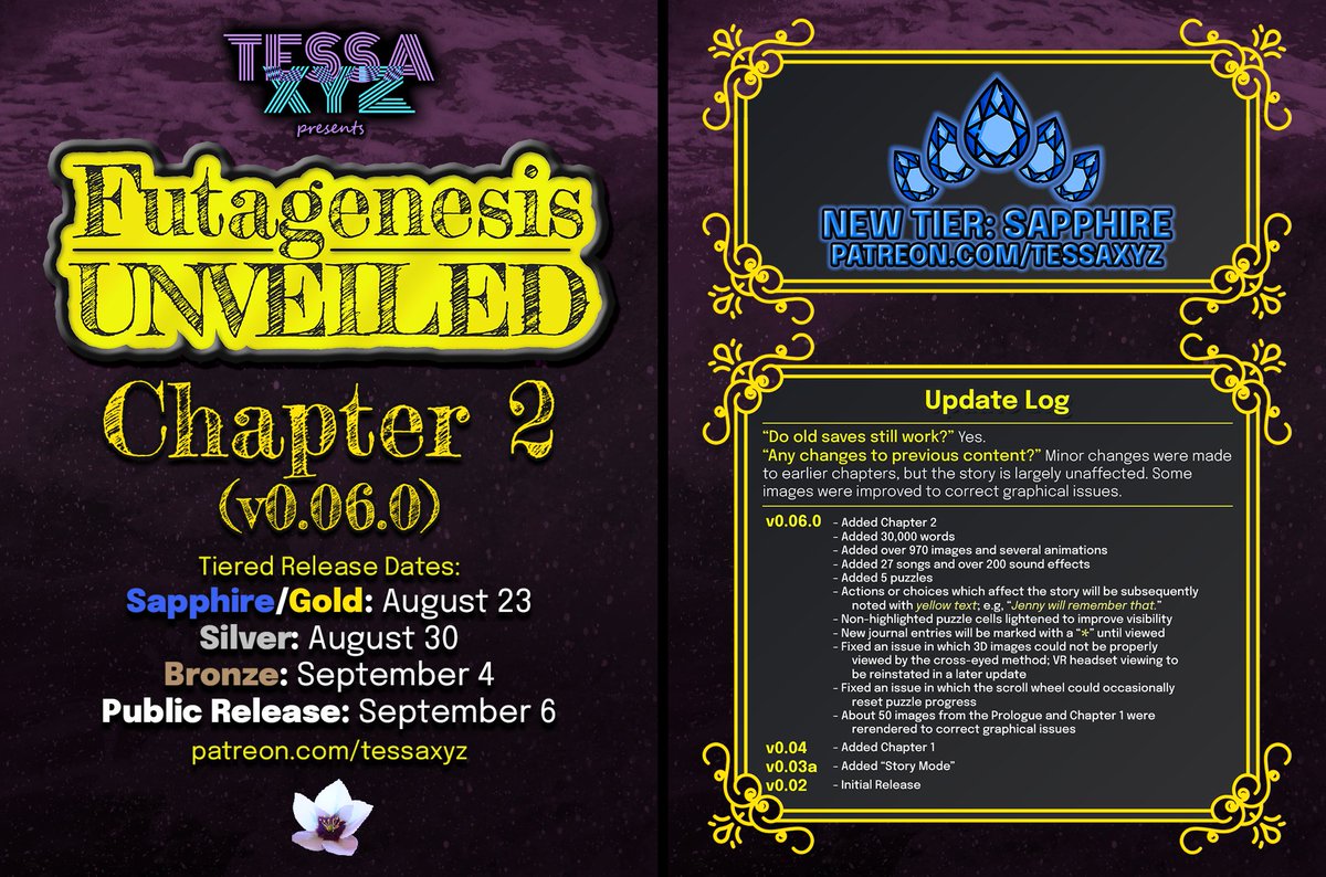 I am pleased to announce the upcoming release of Futagenesis Unveiled v0.06.0! Release dates begin with early access on Aug. 23, and with public release on Sep. 6! More details: patreon.com/tessaxyz
#futanari #futa #dickgirl #3dx #visualnovel #nsfwgaming #lewdgames #adultgames