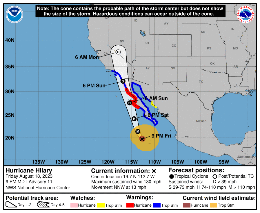 Here is the latest Forecast Cone for #HurricaneHilary, valid at 800 PM PDT. 

#HIlary is forecast to enter San Diego county as a tropical storm early Sunday evening.
