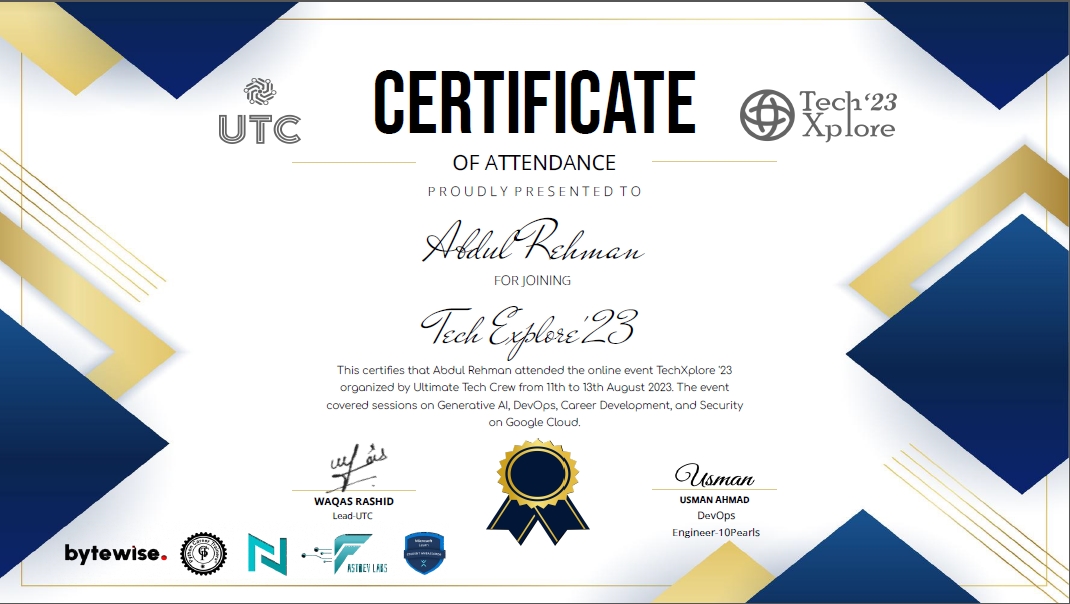 devabdulrehman's tweet image. Today, I received my certificate for participating in the @utc_connect 3-days event TechXplore23. A full of informational content was shared during the event from tech industry experts.

#TechXplore23 #UltimateTechCrew #bytewiselimited #nobel10technologies #fastdevlabs #github
