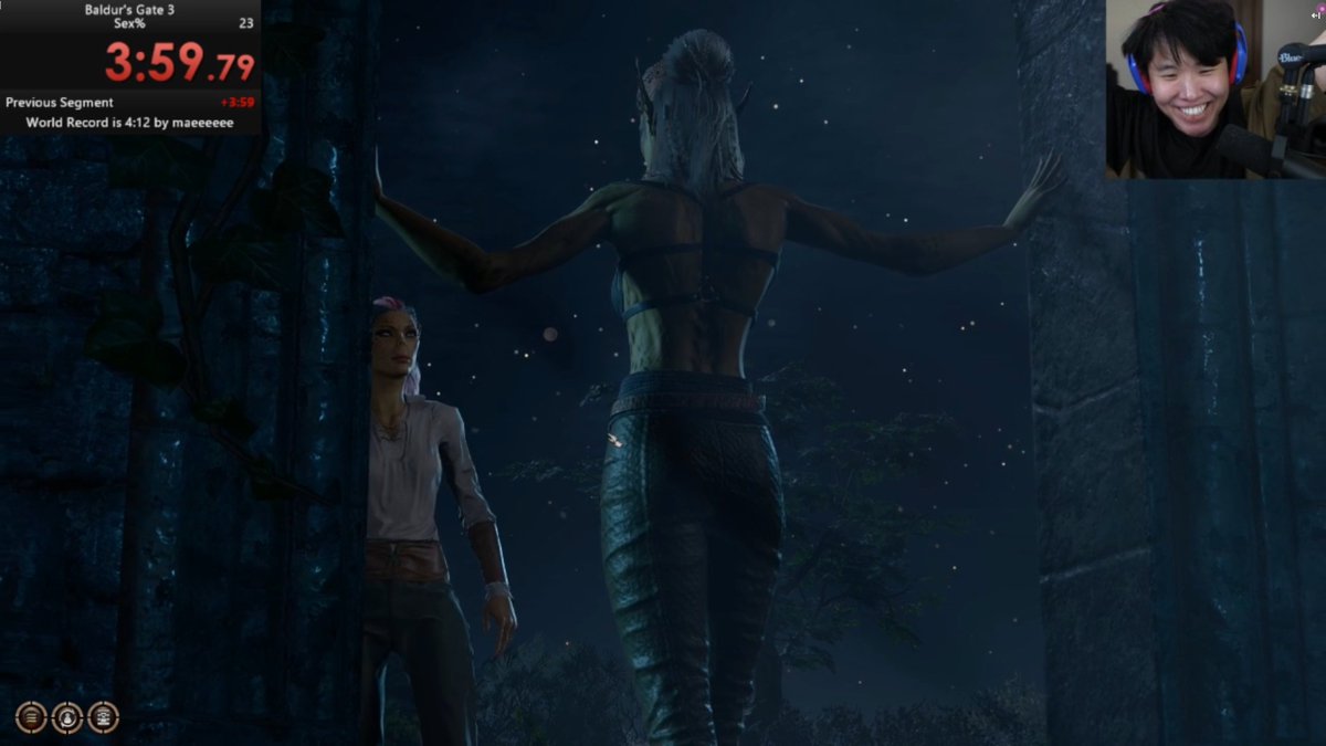 DisguisedToast's tweet image. my first speedrun world record (beating the previous best of 4m12s)

the speedrun challenge is how fast you can have sex in baldurs gate 3

i finished in just under 4 minutes