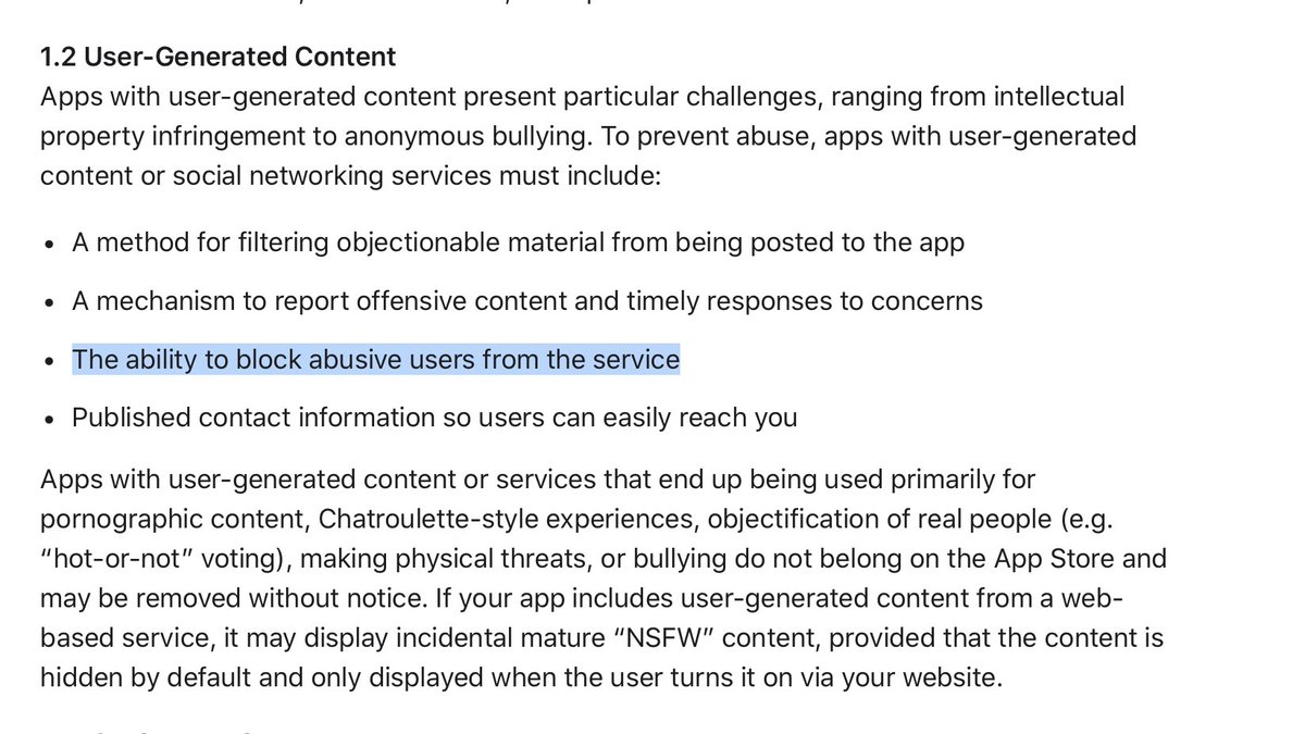 jeazous's tweet photo. @ElonMuskAOC Community Notes is right.   

According to App Store Review Guidelines  Section 1.2 User-Generated Content 

 "To prevent abuse, apps with user-generated content or social networking services must include:" 

 "The ability to block abusive users from the service" https://t.co/B8G9JJz1ZQ