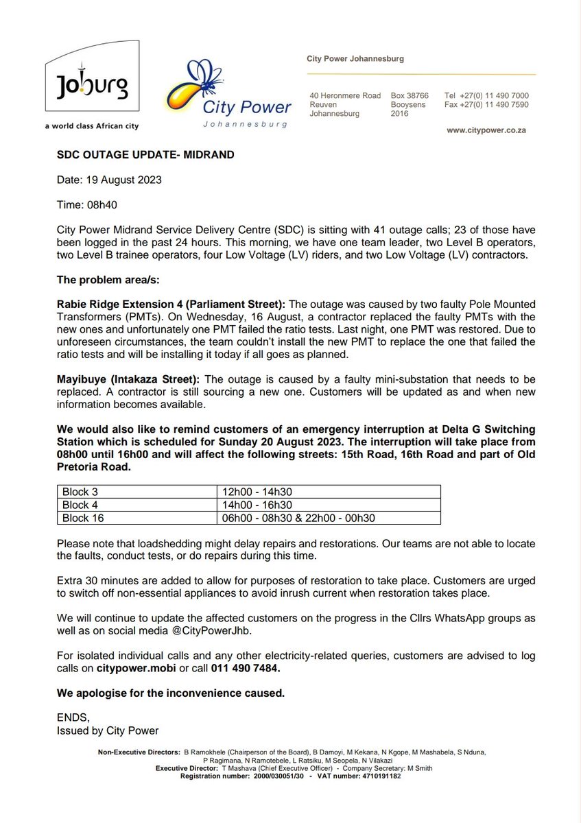 CityPowerJhb's tweet photo. #JoburgUpdates #MidrandUpdate
Kindly note the update below π
#SaveEnergyJHB ^KM https://t.co/1OjUbOxbp9