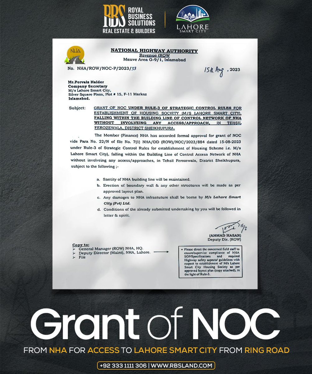 Exciting News! The National Highway Authority (NHA) has issued a No Objection Certificate (NOC) to Lahore Smart City, authorizing it to construct a direct path connecting it to the Lahore Ring Road.
#lahoresmartcity #LahoreRingRoad #MilestoneAchievement #rbsland