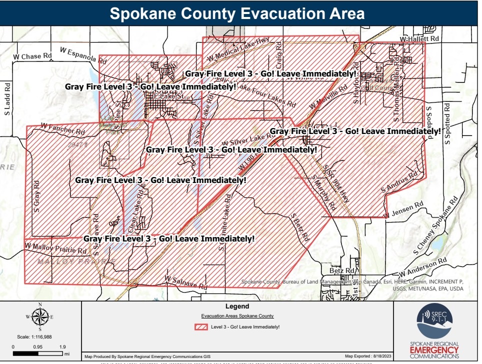 KHQLocalNews's tweet image. FIRE MODE: This is the most recent evacuation map for the fire in Medical Lake. All red areas are level 3, emergency evacuations. If you live in the red, you should evacuate immediately. 

UPDATES: khq.com/news/1-dead-mu…