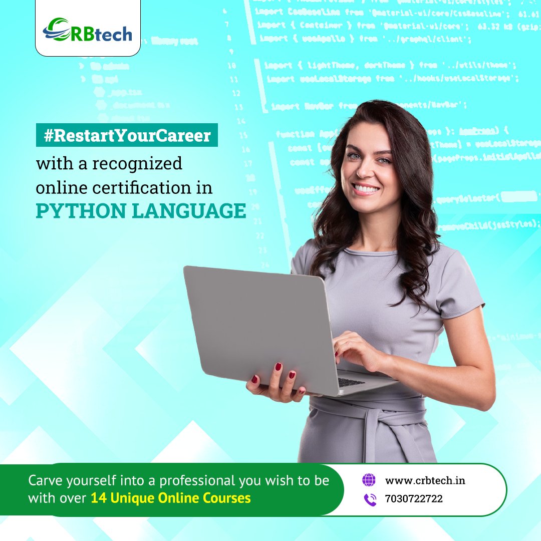 CRB_Tech's tweet image. Upgrade your skills to become an expert web developer with a Python Language Course. Get certified from home today.
For more details call 7030722722 or visit crbtech.in
#PythonOnlineCourse #PythonCertificationCourse #BestPythonCourse #PythonCourseOnline