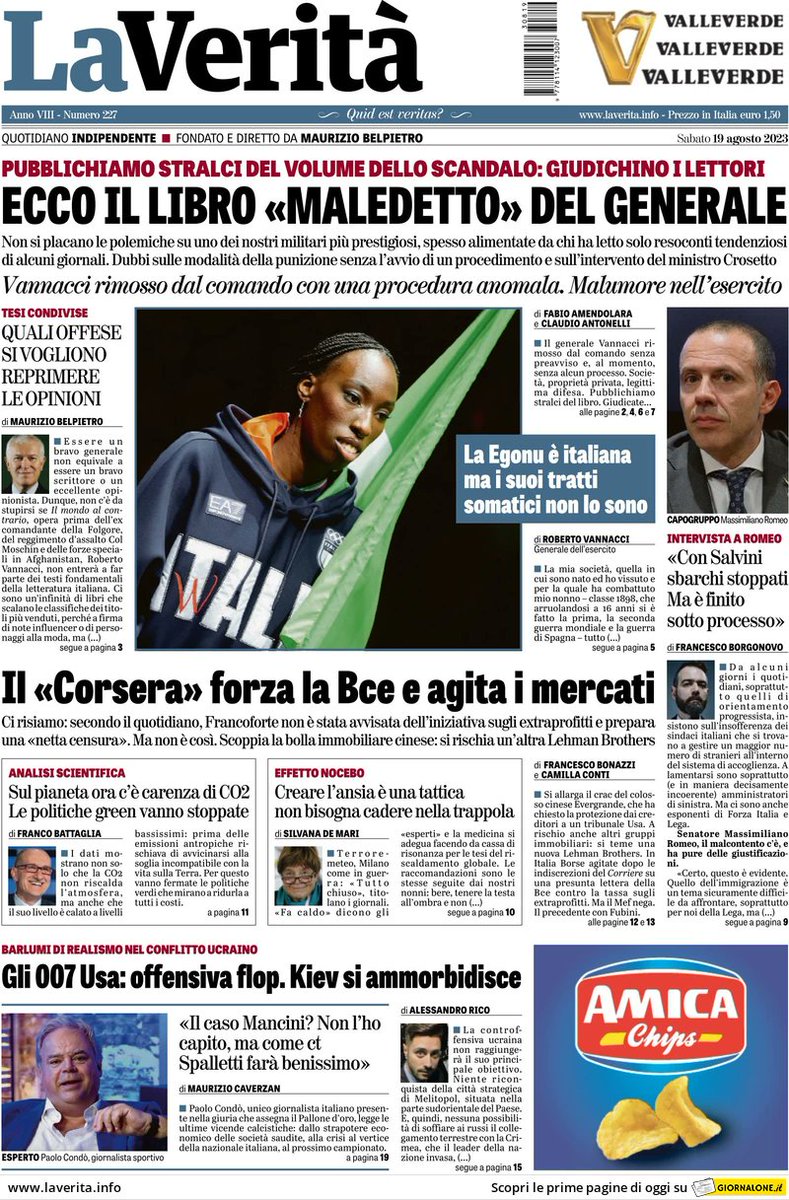 Virna25marzo's tweet photo. VANNACCI RIMOSSO DAL COMANDO CON UNA PROCEDURA ANOMALA. MALUMORE NELL'ESERCITO. 

Nella parte centrale della prima pagina de @LaVeritaWeb la foto di Paola Egonu. 
È italiana?
 Certo ma i suoi tratti somatici non lo sono. 
È un'offesa? 
No un dato di fatto. https://t.co/hM8Wu3LYZQ