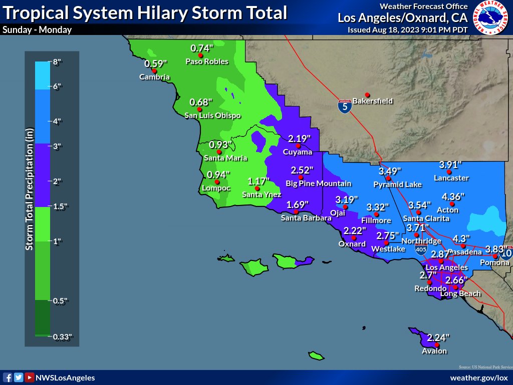 Here's the latest total rainfall forecast for tropical system #Hilary. Widespread 2-4 inches likely across #Ventura and #LosAngeles counties with amounts in excess of 6 inches in the San Gabriel Mountains. #CAwx #LARain