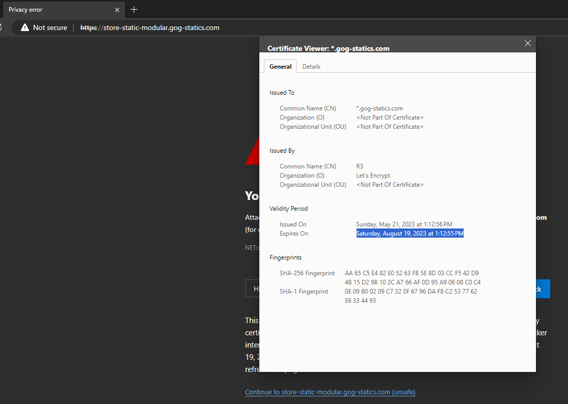 Bytecus's tweet image. @GOGcom &amp;amp; @GOGGalaxy 
Having trouble accessing GOG Galaxy Client and the Website isn&apos;t loading correctly. It seems that there is an expired certificate on a domain. Do we have any idea when this issue might be resolved?