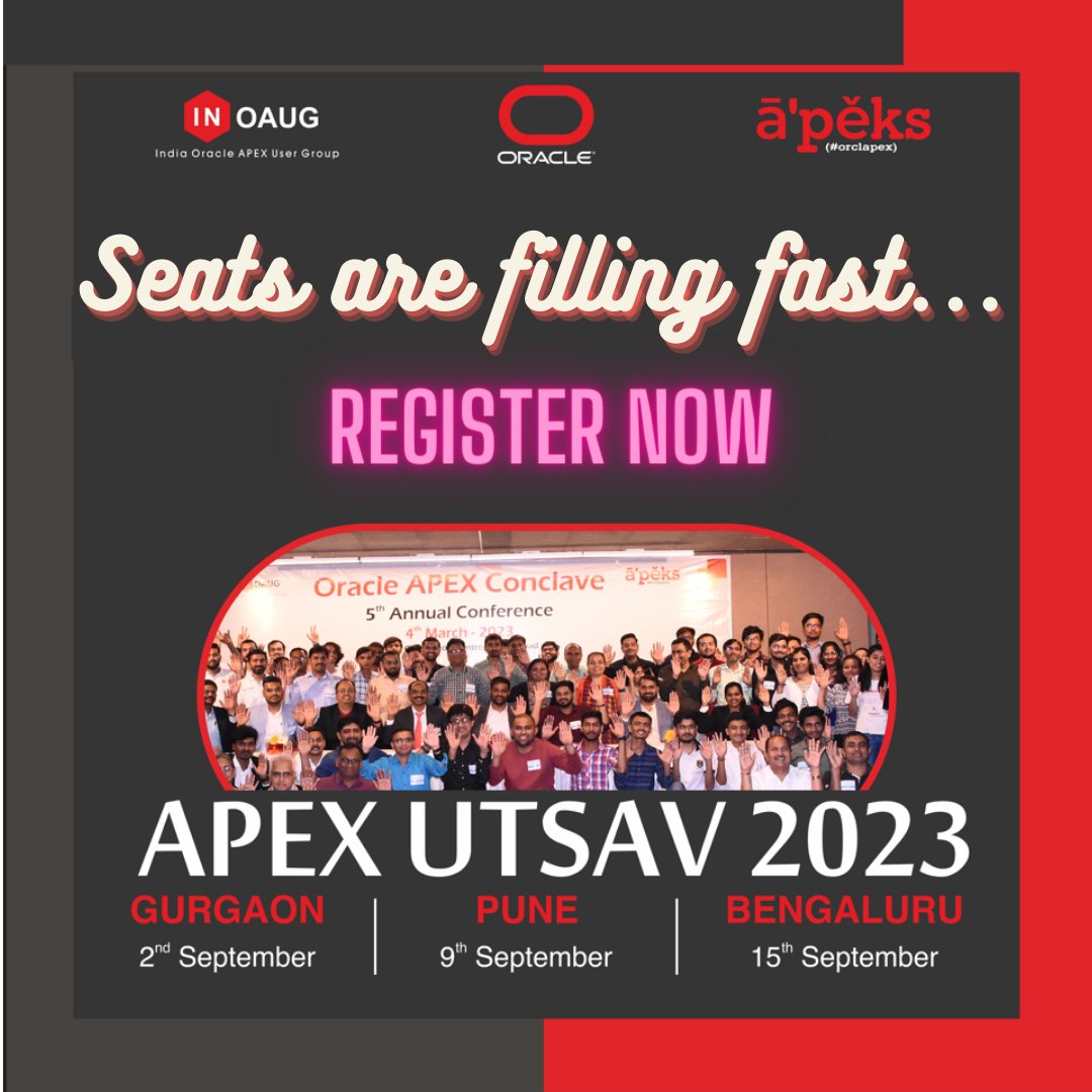 inoaug's tweet photo. Seats are filling fast! Days are very near!!
Invite your APEX friends, colleagues, emerging developers!!!
It's time to have a network with Joy in #APEXUtsav

https://t.co/w1jbp02E2i https://t.co/nTcI7N2ZQR