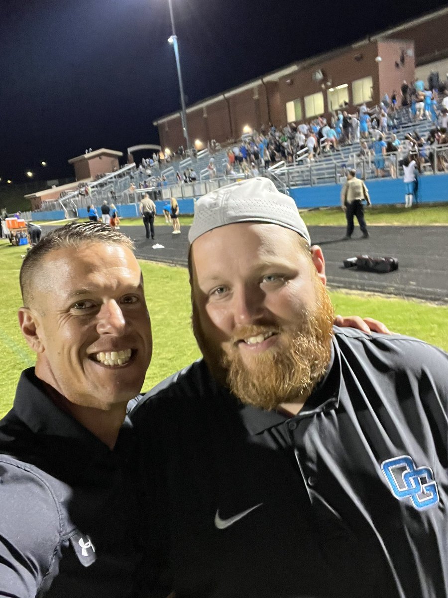 GroveStrength's tweet image. Had to get a selfie with my man @CoachCreason66 after his first ever @OakGroveGrizzFB win! #beardown