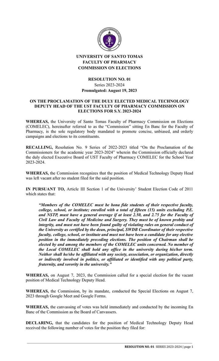 PHARCOMELEC's tweet image. RESOLUTION NO. 01
Series of 2023 - 2024

RE: ON THE PROCLAMATION OF THE DULY ELECTED MEDICAL TECHNOLOGY DEPUTY HEAD OF THE UST FACULTY OF PHARMACY COMMISSION ON ELECTIONS FOR S.Y. 2023-2024