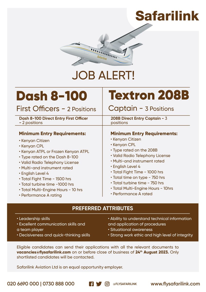 Flysafarilink's tweet photo. Safarilink Job Opportunity: Seeking DASH 8 -100 First Officers &amp; C208 B Caravan Captains. #Safarilink https://t.co/rpmWJJuLbT