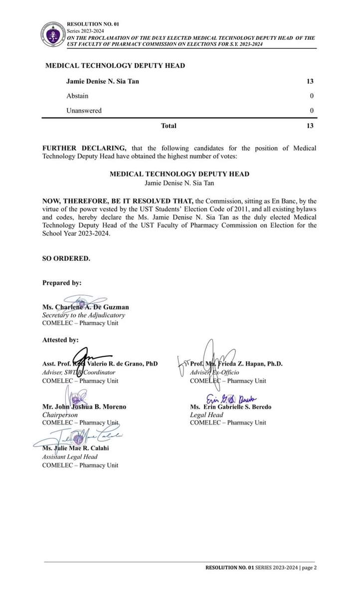 PHARCOMELEC's tweet image. RESOLUTION NO. 01
Series of 2023 - 2024

RE: ON THE PROCLAMATION OF THE DULY ELECTED MEDICAL TECHNOLOGY DEPUTY HEAD OF THE UST FACULTY OF PHARMACY COMMISSION ON ELECTIONS FOR S.Y. 2023-2024