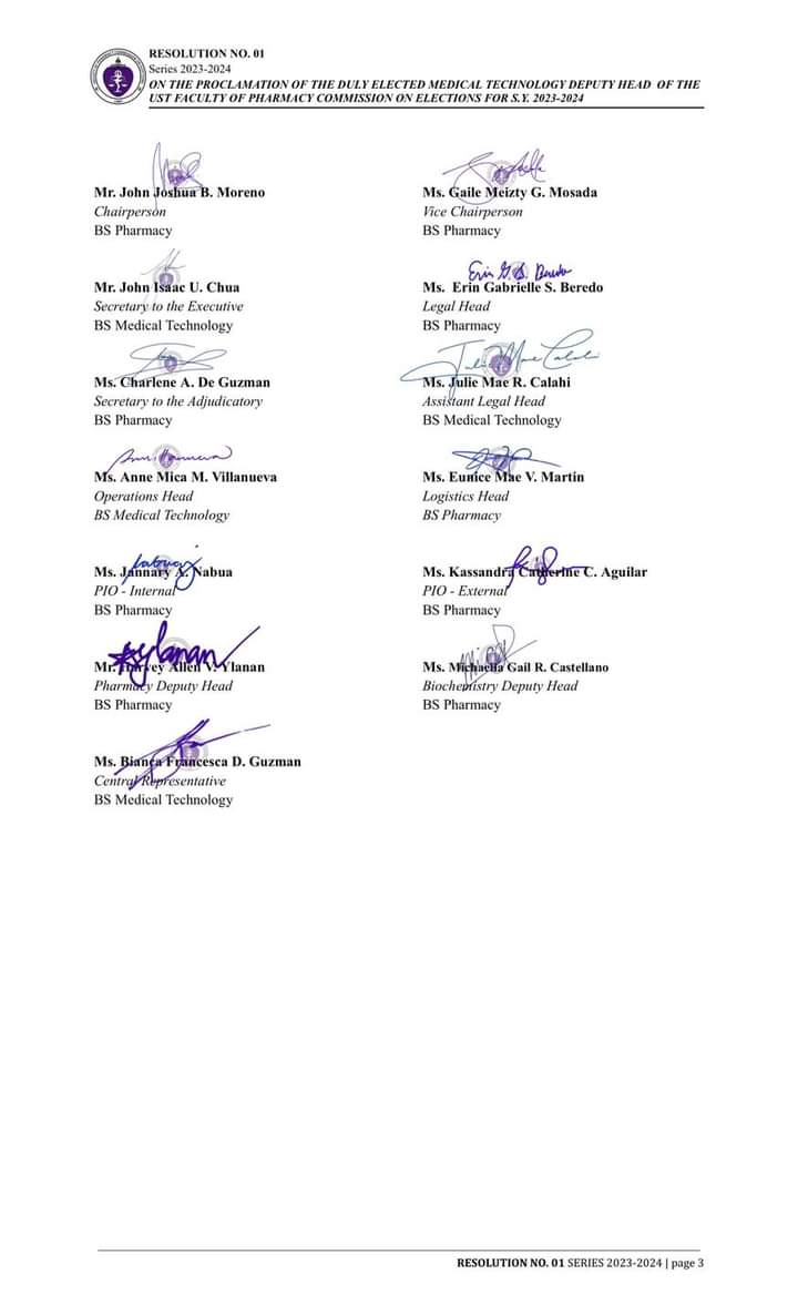 PHARCOMELEC's tweet image. RESOLUTION NO. 01
Series of 2023 - 2024

RE: ON THE PROCLAMATION OF THE DULY ELECTED MEDICAL TECHNOLOGY DEPUTY HEAD OF THE UST FACULTY OF PHARMACY COMMISSION ON ELECTIONS FOR S.Y. 2023-2024
