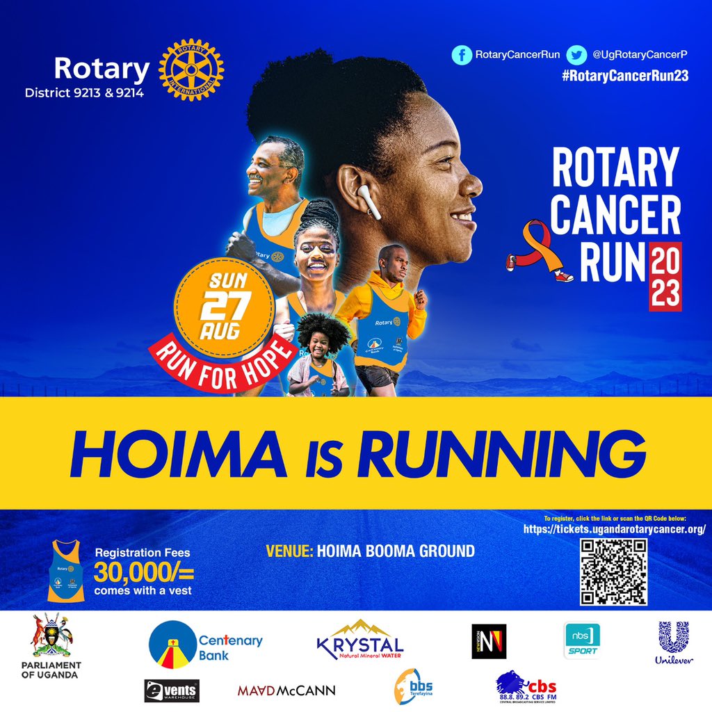 👋 Hoima family. 🏅 Calling all runners and walkers! It’s time to rally together for the #RotaryCancerRun23 on 27th August 2023 at Hoima Booma grounds 

Join Hoima  as we raise funds &amp; awareness about ♋️ and show solidarity with those affected.   

Register now at
