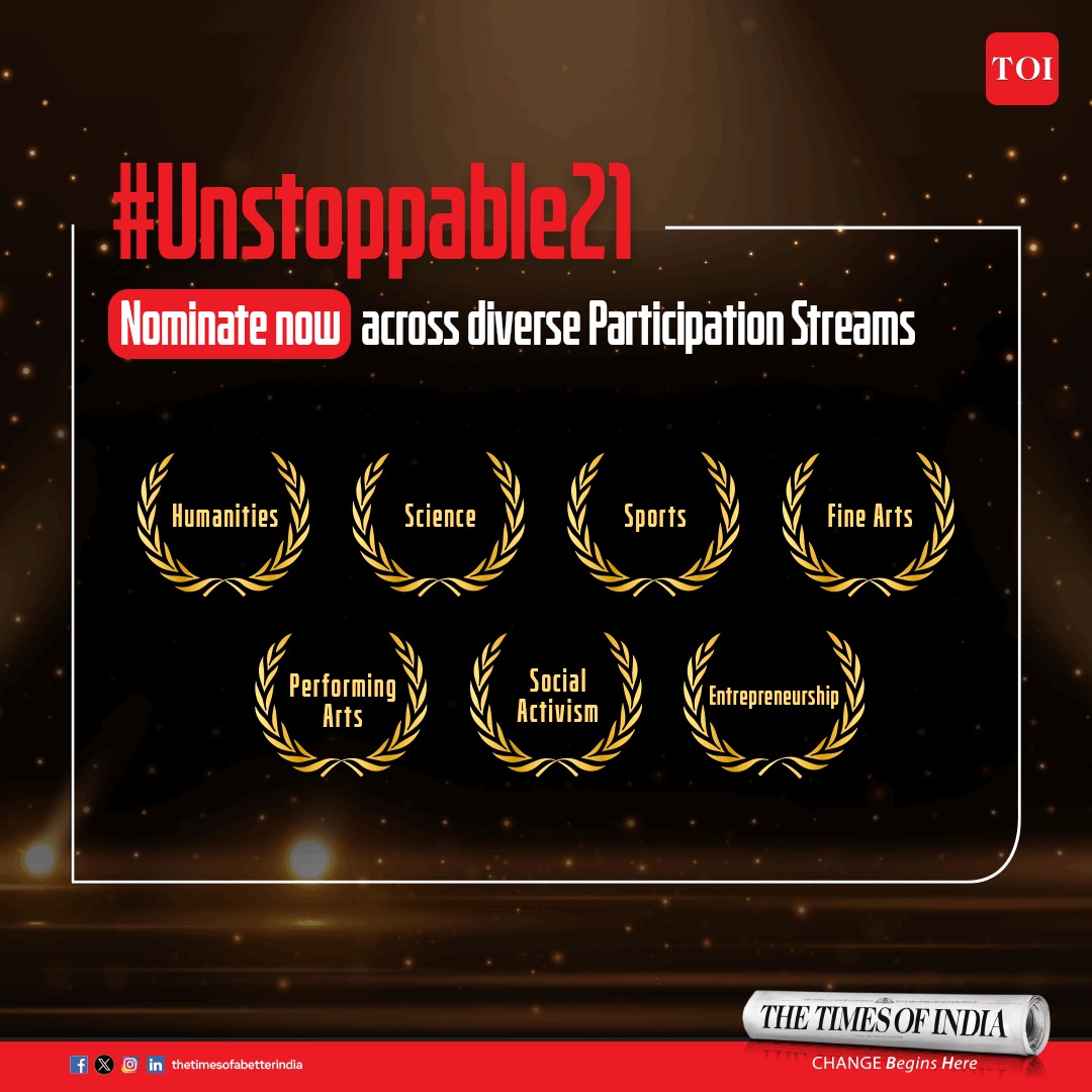 TOIBetterIndia's tweet photo. Choose from multiple participating streams of excellence.

Log on to https://t.co/v9AP22dEsL to nominate yourself or an amazing youngster making waves across the world.

The Times of India #Unstoppable21 initiative will celebrate 21 young prodigies of India. https://t.co/g99Hd3y3nQ
