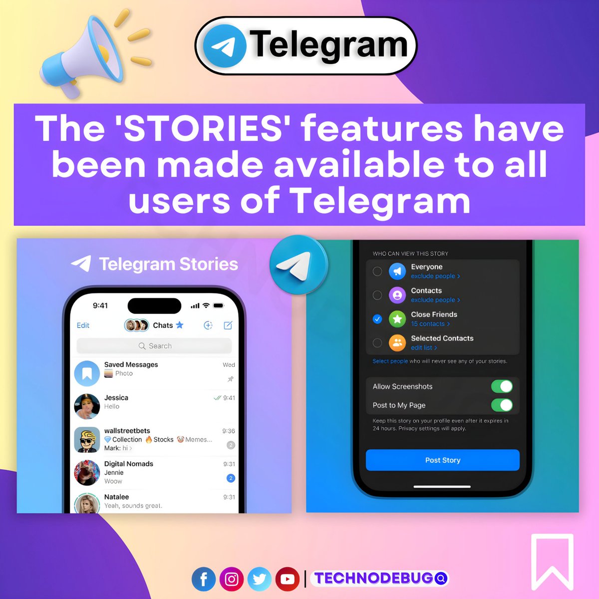 TechnoDebug's tweet image. Telegram rolls out its Stories feature to all users.
.
.
.
.
#technodebug #telegram #stories
#newupdate #TechNews