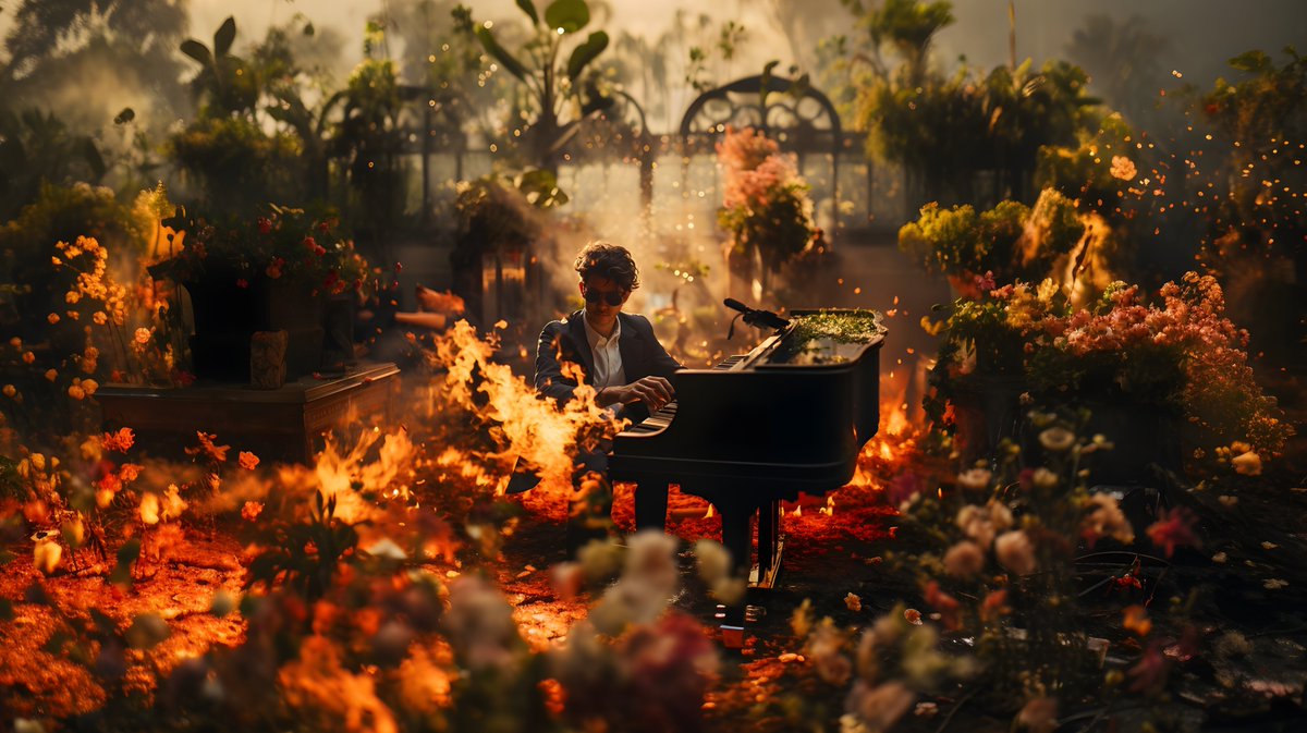hi_luk's tweet photo. Exploring his prompt in the mood: sentimental and intensely warm.

Capture a single man playing a broken, burned grand piano in the abandoned garden.

Be wild, and show yours! #midjourney #Promptshare #aiphotohraphy https://t.co/Z4J9qGovel