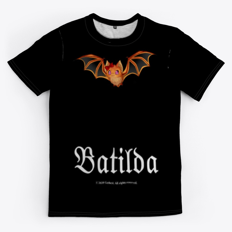 gothestgame's tweet photo. Premium tee of our kawaii mascot, Batilda.
Features character art on front & the Gothest logo on back. Available in black, pink & orange.

https://t.co/UHewbtYmXO

#batilda #gothest #gothfashion #altfashion #darkfashion #pastelgoth #bats #batlovers #lovebats #paintedbat