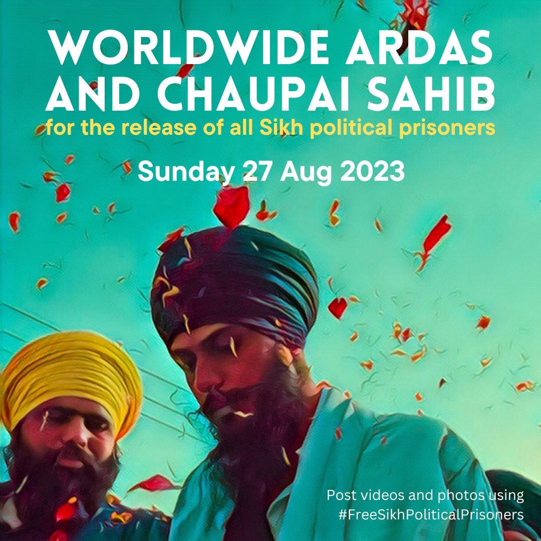 sikhrights's tweet photo. Please take a moment on Sunday 27 Aug 2023 to do an Ardas and Chaupai Sahib for the release of Sikh political prisoners at your local Gurdwara Sahib, at home, outside, or any time and place. Always keep them in your thoughts and share their stories 🌺

#FreeSikhPoliticalPrisoners https://t.co/MCJhmF4SJN