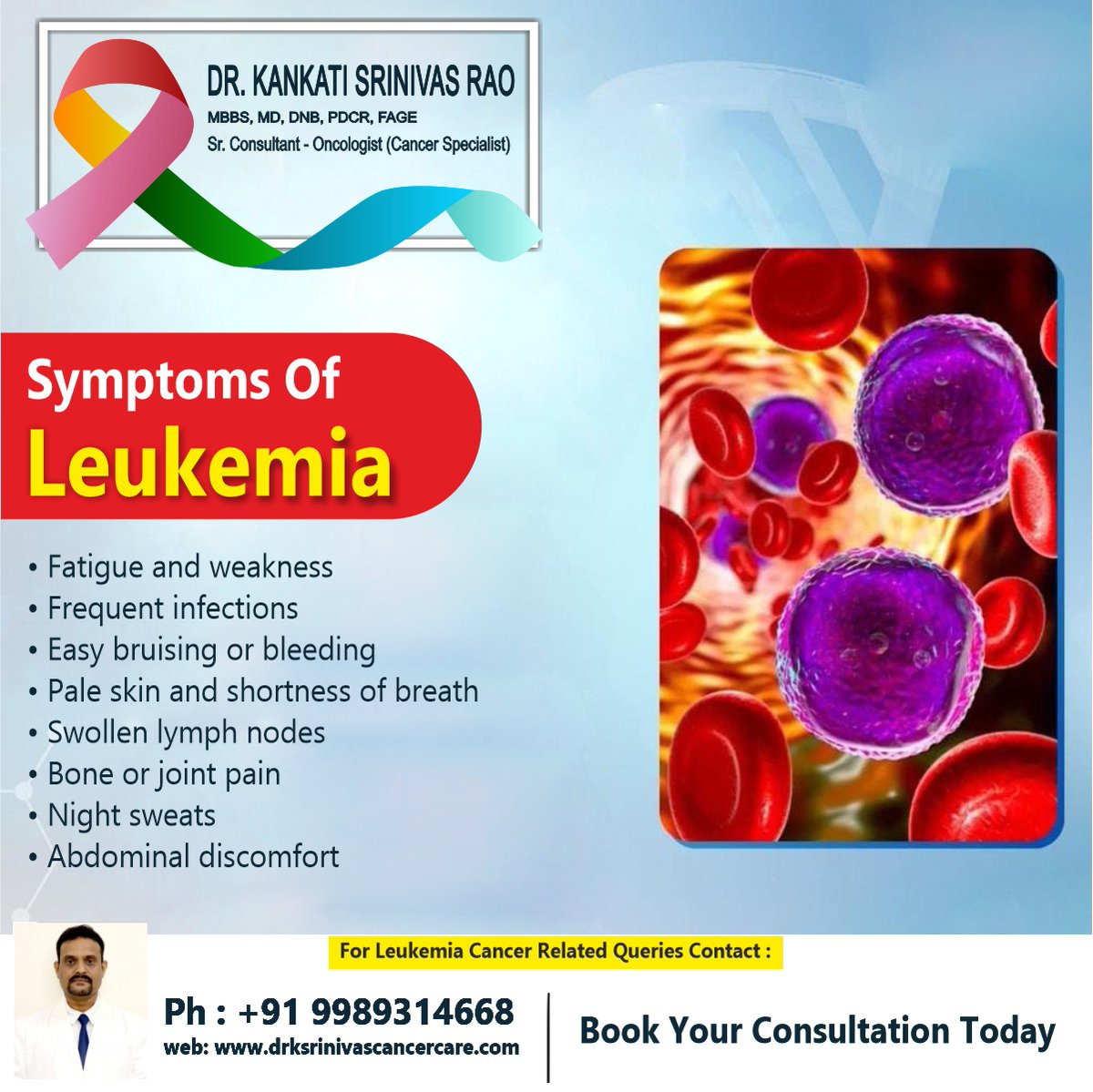 SYMPTOMS OF LEUKEMIA ✔️ Fatigue and weakness ✔️ Frequent infections ✔️ Easy bruising or bleeding ✔️ Place skin and shortness of breath ✔️ Swollen lymph nodes ✔️ Bone or joint pain ✔️ Night sweats ✔️ Abdominal discomfort #drsrinivasrao #leukemia #bloodcancer #anemia