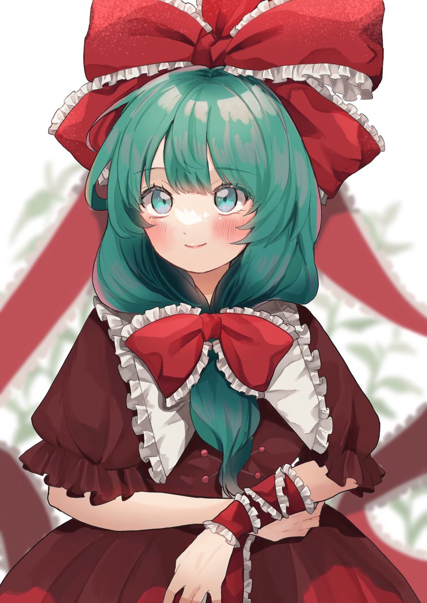 kagiyama hina 1girl solo dress green hair red dress smile frills  illustration images