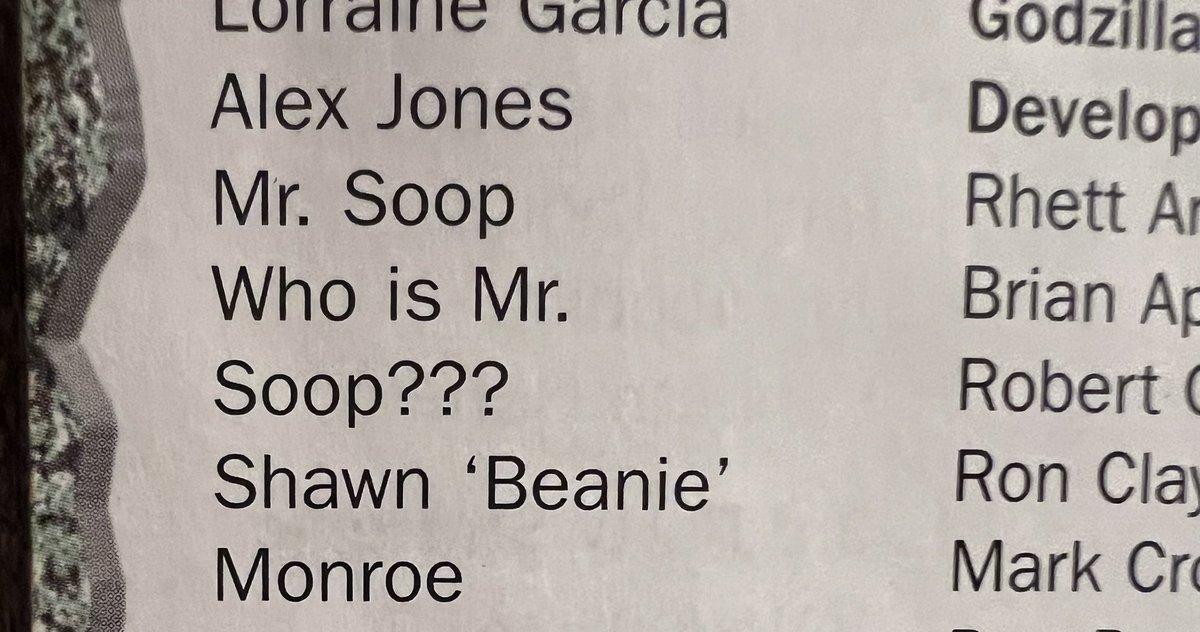 from the credits in the Godzilla Destroy All Monsters Melee manual comes one of video game history’s greatest mysteries: Who *is* Mr. Soop?