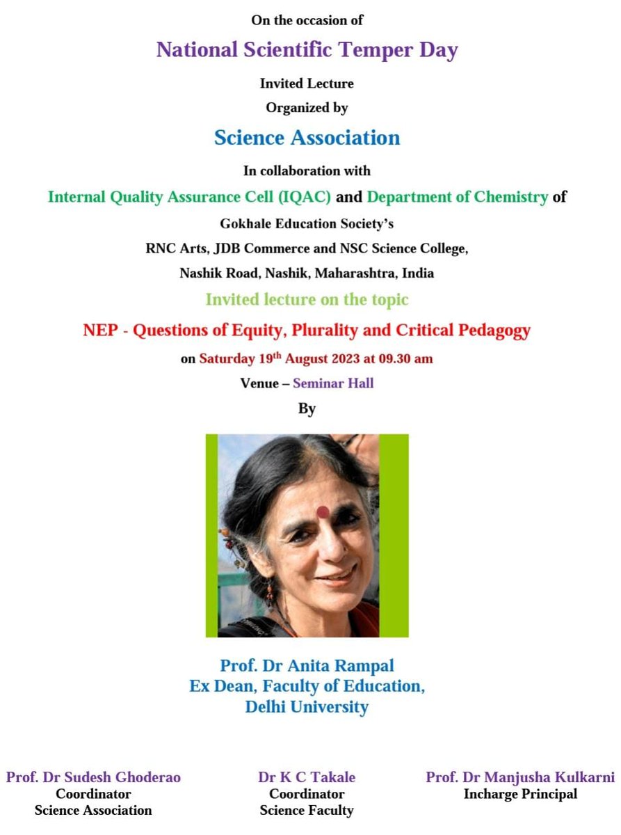 gsaipsn's tweet photo. 19th Sunday Seminar
NEP:: questions of equality, plurality and critical pedagogy
Dr.Anitha Ramphal
#NSTD Sign Support Celebrate at https://t.co/hDxjN26tfz #NSTD National Scientific Temper Day Aug20 https://t.co/koSGd5MCrB