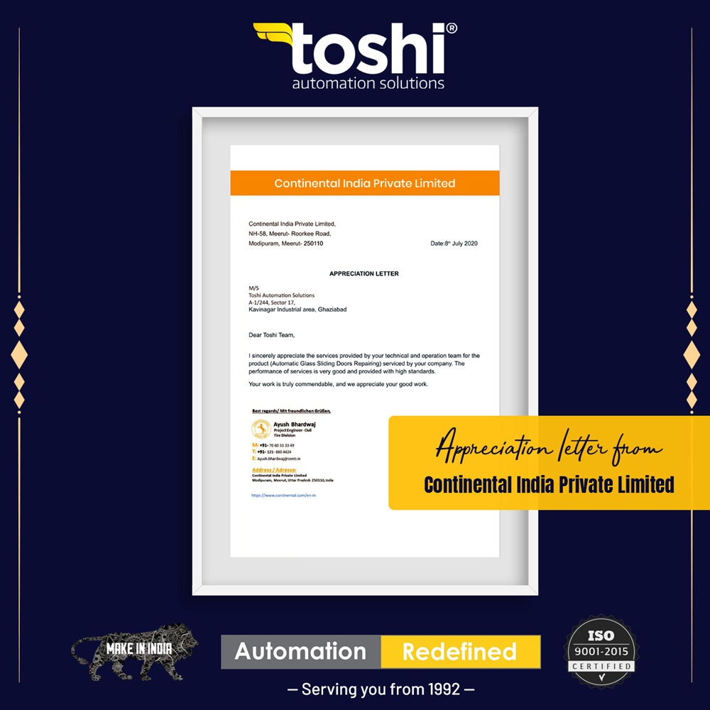 We are proud to share that Toshi Automation Solutions has received a #CertificateOfAppreciation from 𝗖𝗼𝗻𝘁𝗶𝗻𝗲𝗻𝘁𝗮𝗹 𝗜𝗻𝗱𝗶𝗮 𝗣𝘃𝘁. 𝗟𝘁𝗱., 𝗠𝗲𝗿𝗿𝘂𝘁 for supplying 𝗤𝘂𝗮𝗹𝗶𝘁𝘆 𝗔𝘂𝘁𝗼𝗺𝗮𝘁𝗶𝗰 𝗦𝗹𝗶𝗱𝗶𝗻𝗴 𝗗𝗼𝗼𝗿𝘀 𝗣𝗿𝗼𝗱𝘂𝗰𝘁𝘀 & after sales services.