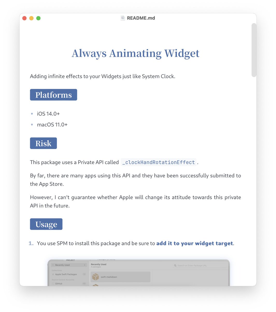 LiYanan2004's tweet image. 感谢大家对 #WidgetKit Animation 的关注。

汇报下进度：Package 做好了。

但是毕竟是 Private API，苹果目前的态度是睁一只眼闭一只眼，如果被滥用，可能会导致非常严重后果，因此，我可能无法向大家免费提供 Package，如果真的有需求，可以有偿开源。

希望大家能够理解😑