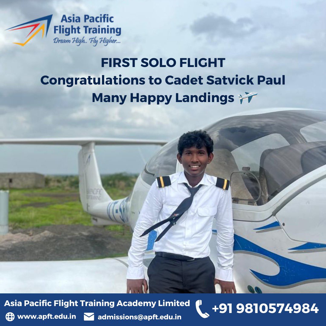 apft_official's tweet image. FIRST SOLO FLIGHT
Congratulations to Cadet Satvick Paul 
Many Happy Landings ✈️

Asia Pacific Flight Training Academy Limited 
Visit us: apft.edu.in
Write to us: admissions@apft.edu.in 
Contact us: +91 9810574984

#firstsolo #cadetpilot #aviation4u
