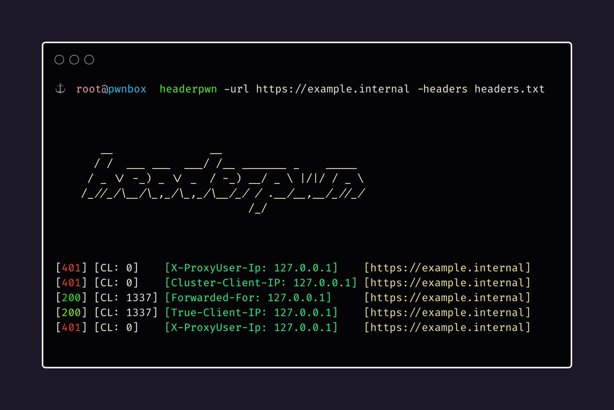 0xAsm0d3us's tweet photo. headerpwn: A fuzzer for finding anomalies and analyzing how servers respond to different HTTP headers   

Useful for uncovering following behaviors:

- Header based access control issues
- 403/401 Bypasses
- Detecting anomalies when certain special headers are present
- Header based cache poisoning denial of service issues
- Debug information disclosure when certain headers are present
- etc.

GitHub 🔗 : https://t.co/pm3pAvRs1R