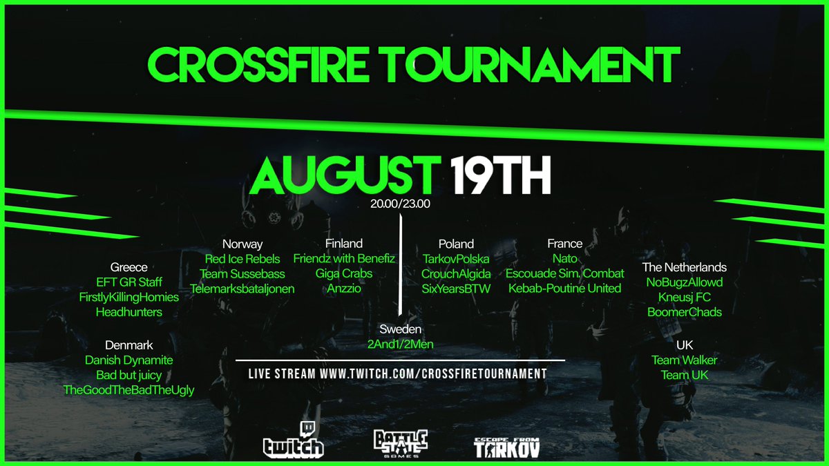 CrossfireTourny's tweet photo. It's happening! Tune in to watch our great teams in action tonight at 20:00 CEST at https://t.co/lDEgirUXup #EscapefromTarkov @bstategames https://t.co/YiC7uOUFtj