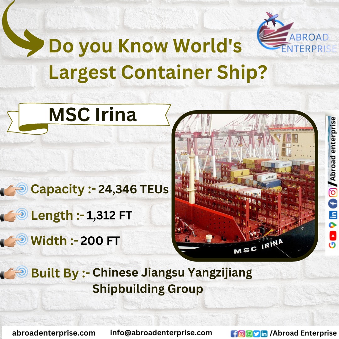 Haresh_abroad's tweet photo. 💫 MSC IRINA 
This is currently the Largest Container Ship in the World, with a Capacity of 24,346 TEU.  Her Maiden Voyage was in April 2023 from Guangzhou Port in China.

#Abroadenterprise #MSC #Container #Ship #Vessel #TEU #Voyage #Guangzhou #Port #China #Maidenvoyage #IRINA https://t.co/ogvoYbohNW