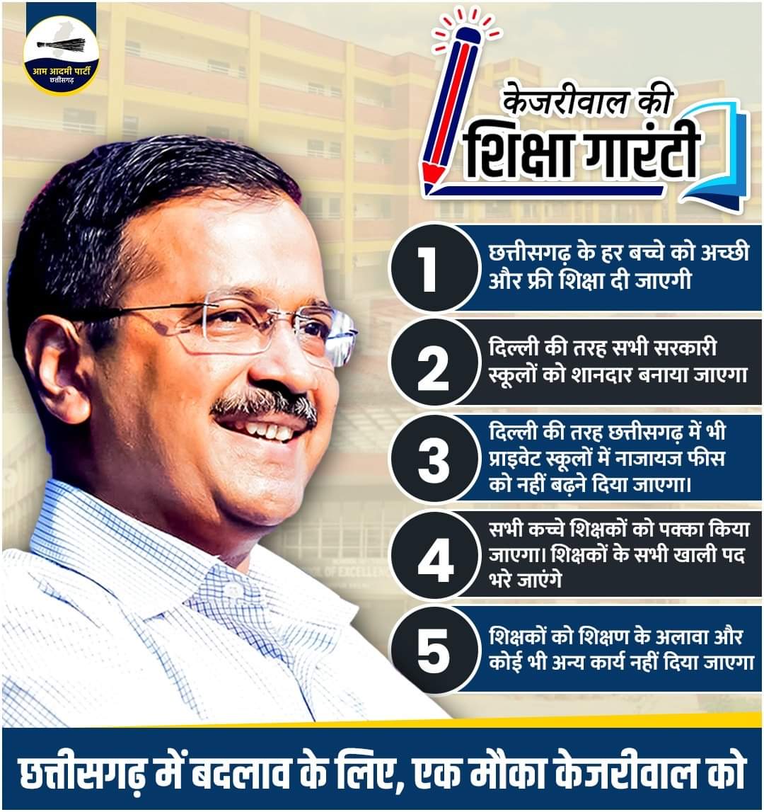 AAPChhattisgarh's tweet photo. श्री अरविंद केजरीवाल जी की 
छत्तीसगढ़ में बदलाव के लिए शिक्षा गारंटी

#ChhattisgarhMaangeKejriwal 
#EkMaukaKejriwalKo https://t.co/Fmqogh32Sf