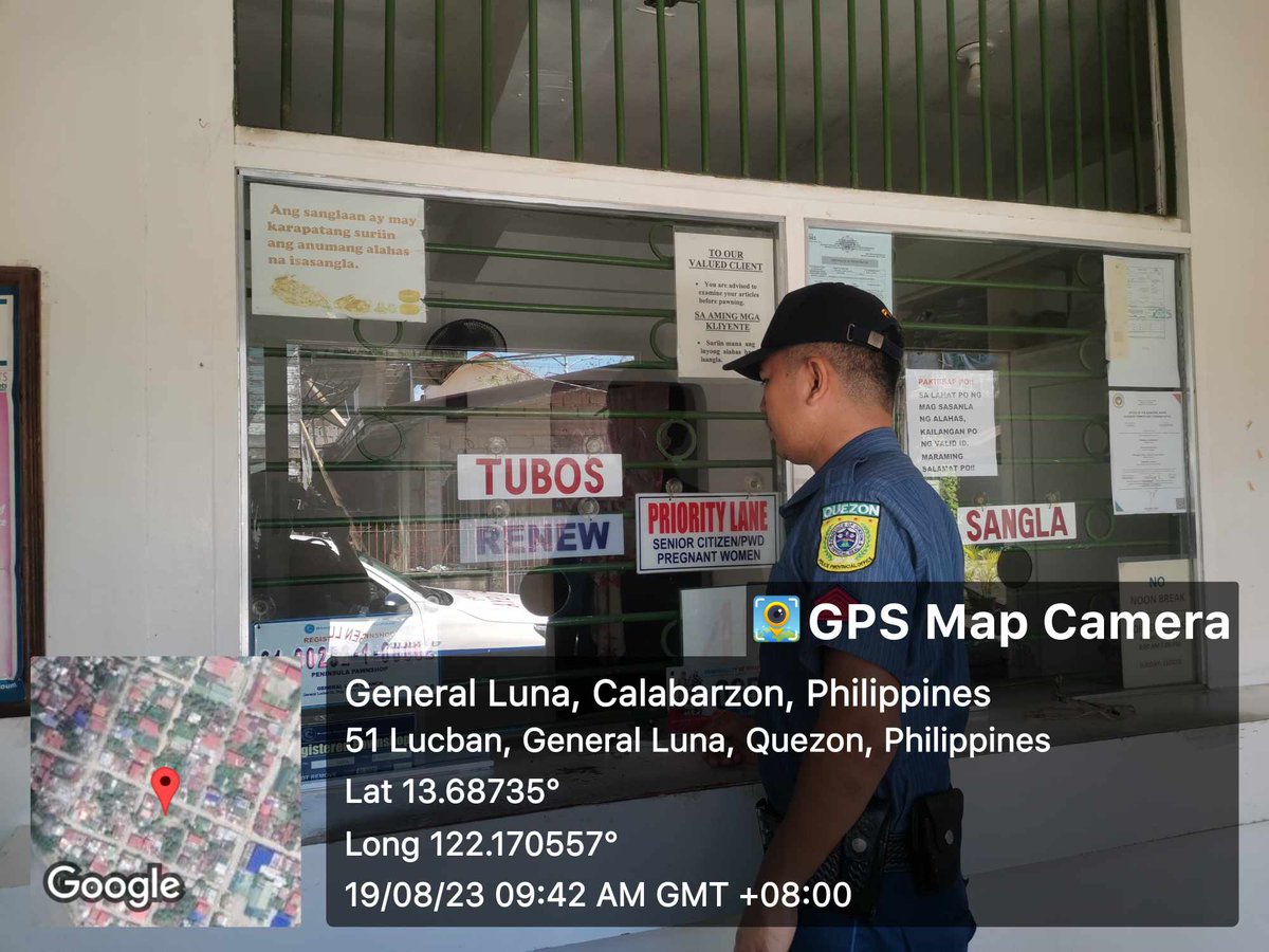 generalluna_mps's tweet photo. On August 19, 2023 from 9:42 AM onwards, personnel of General Luna MPS led by PSSg Herbert L Daria, Investigator conducted patrolling and visitation/inspection at Peninsula Pawnshop/Palawan Express Pera Padala and Rural Bank of General Luna (Quezon) Inc. https://t.co/WZ9jLlJHT3