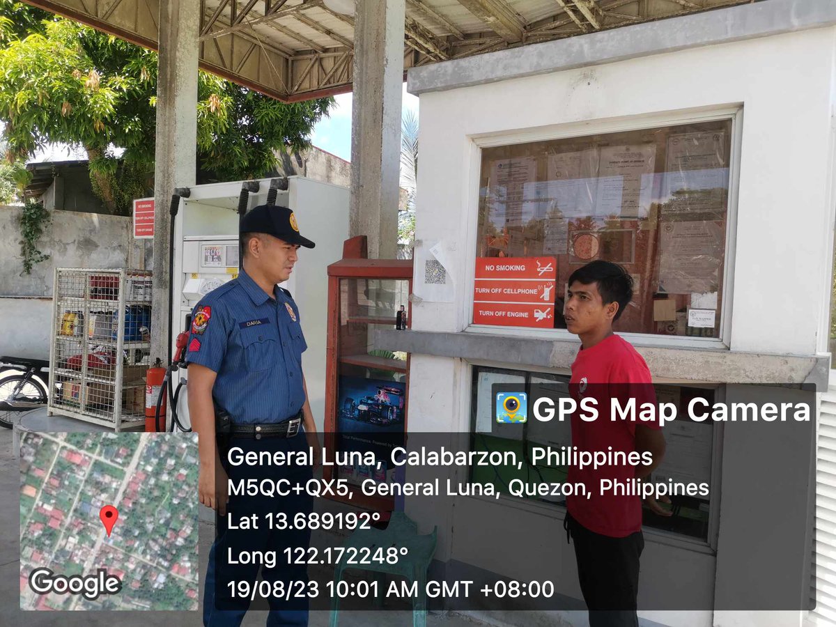 generalluna_mps's tweet photo. On August 19, 2023 at about 10:01 AM, personnel of General Luna MPS led by MPS led by PSSg Herbert L Daria, Investigator conducts visitation/police presence at gas station located at Brgy. 4 Poblacion and Brgy. San Jose, General Luna, Quezon https://t.co/vGOD3Rb5LE
