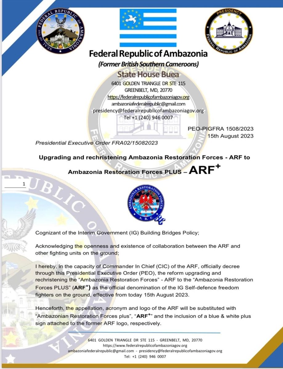 MariantaNjomia's tweet photo. 📣📣 A plus for Ambazonia 💙🩶💙 I have decreed Presidential Executive Order number FRA02/15082023 on August 15, 2023 for the upgrading and rechristening of ARF to ARF+.

See details below of the signed PEO: https://t.co/hRmtO93s22