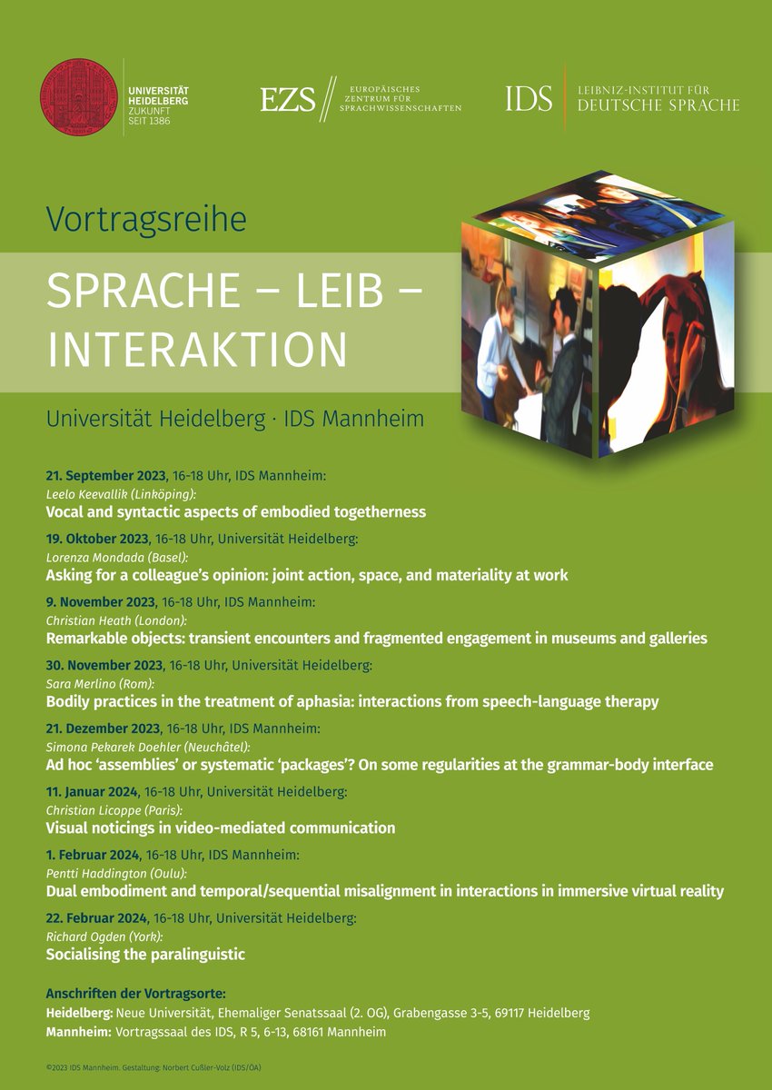 Elwys De Stefani (@elwysdestefani) on Twitter photo Arnulf Deppermann and I are organising a lecture series at <a href="/IDS_Mannheim/">IDS Mannheim</a> and <a href="/UniHeidelberg/">Uni Heidelberg</a> on Language–Body–Interaction, with inspiring talks given by ingenious scholars and dear colleagues. You are welcome to attend the talks! #EMCA @pHaddington <a href="/LeeloKeevallik/">Leelo Keevallik</a> <a href="/SaraMerlino8/">Sara Merlino</a> Arnulf Deppermann and I are organising a lecture series at <a href="/IDS_Mannheim/">IDS Mannheim</a> and <a href="/UniHeidelberg/">Uni Heidelberg</a> on Language–Body–Interaction, with inspiring talks given by ingenious scholars and dear colleagues. You are welcome to attend the talks! #EMCA @pHaddington <a href="/LeeloKeevallik/">Leelo Keevallik</a> <a href="/SaraMerlino8/">Sara Merlino</a>