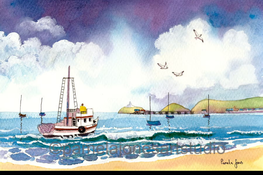 Fishing Boat #Mumbles #SouthWales #BlueDecor #DiscoverWales #Cymru #WelshArt #Sea #Beach #HomeDecor Watercolour print in 20 x 16'' Mount. £34