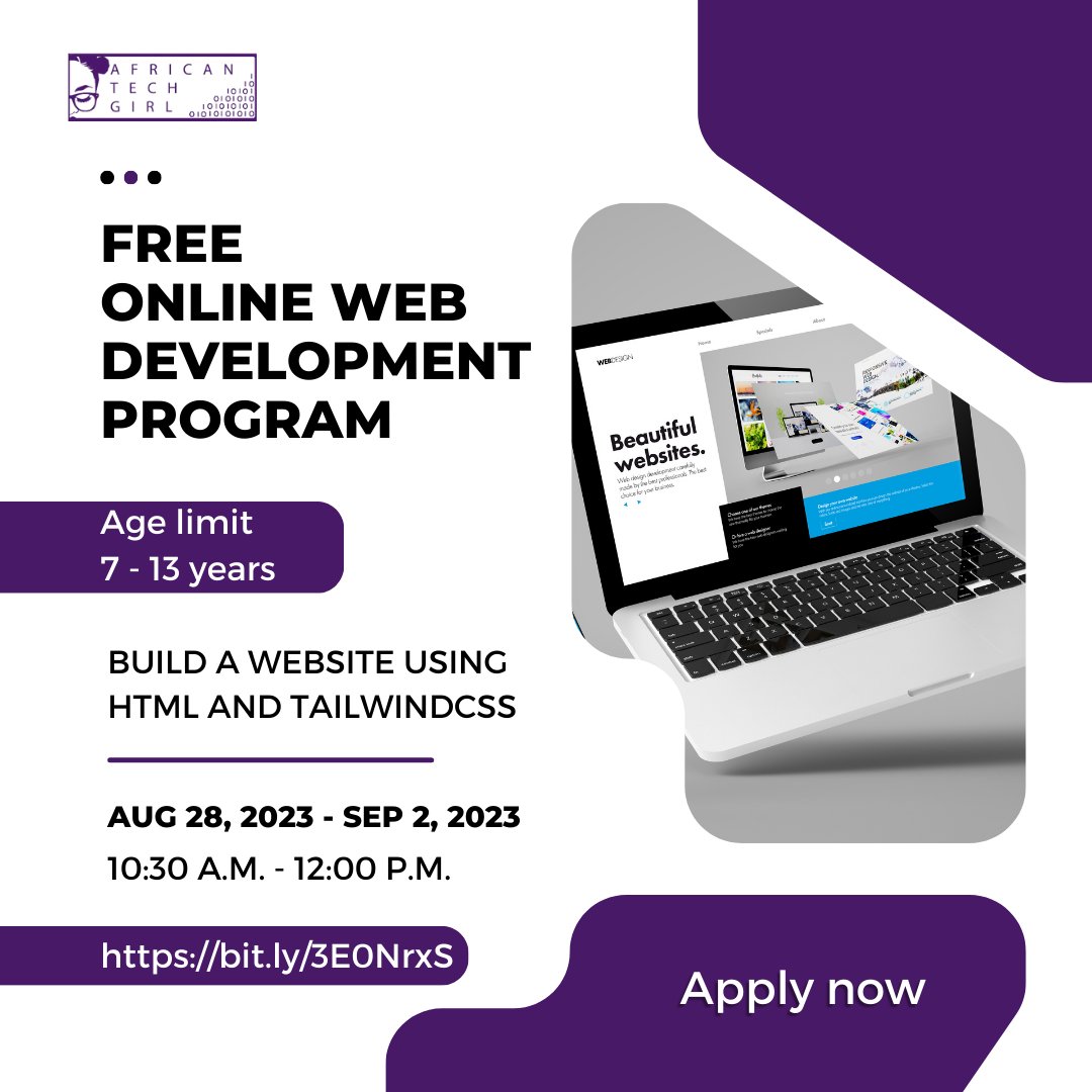 africanstemgirl's tweet image. Calling all young tech enthusiasts!
Join us for a FREE Web Development program!
Build your own website using #HTML and #TailwindCSS.
Happening from 28th Aug - 2nd Sep 2023, 10:30 a.m. - 12:00 p.m.
Sign up now >> forms.gle/TF47BJTCtHuV39… 
#webdevelopmentforkids #codingfun