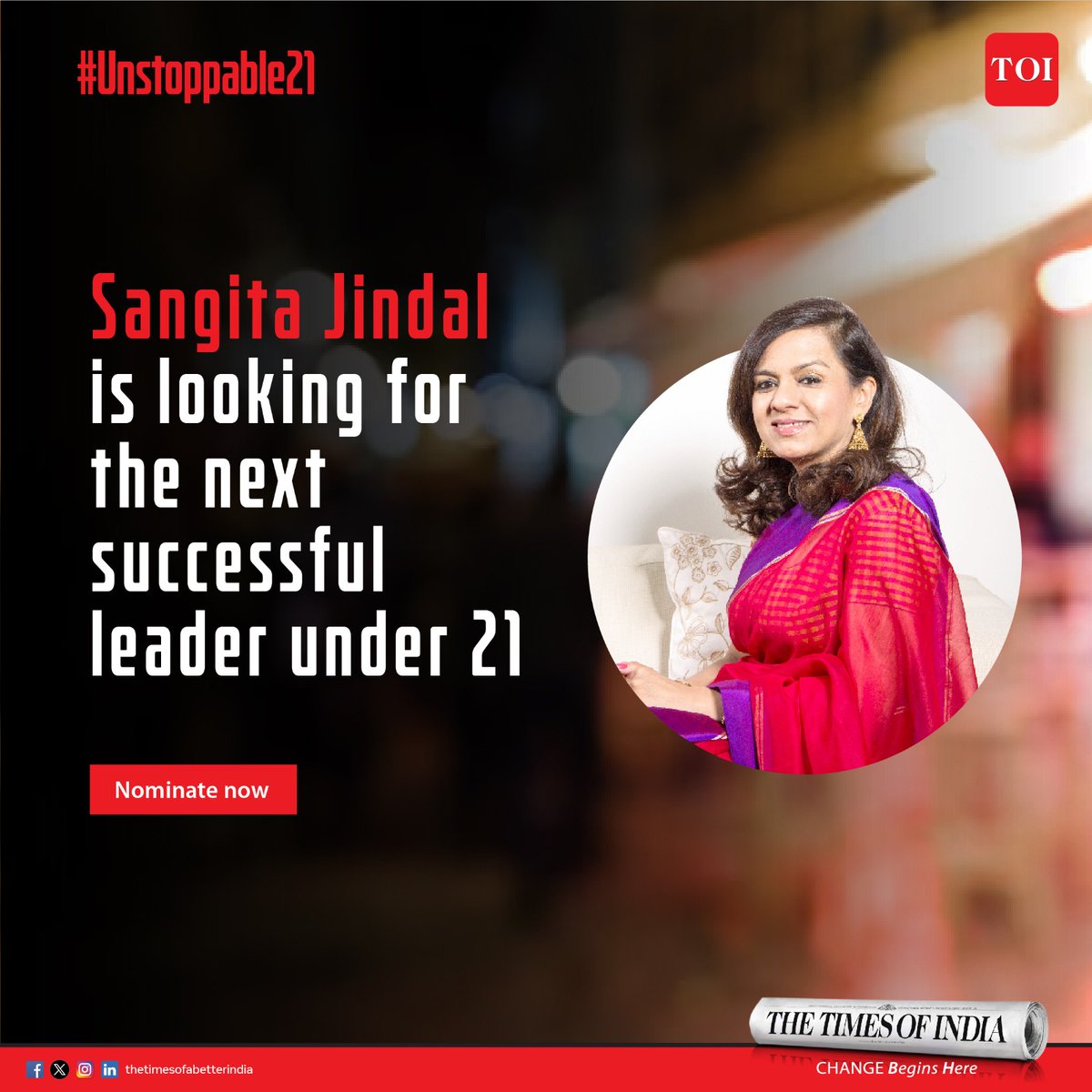 TOIBetterIndia's tweet photo. Sangita Jindal is looking for the next social entrepreneur under 21!

Log on to https://t.co/v9AP22dEsL to nominate yourself or an amazing youngster making waves across the world.

The Times of India #Unstoppable21 initiative will celebrate 21 young prodigies of India. https://t.co/C3Tfnlwuzr
