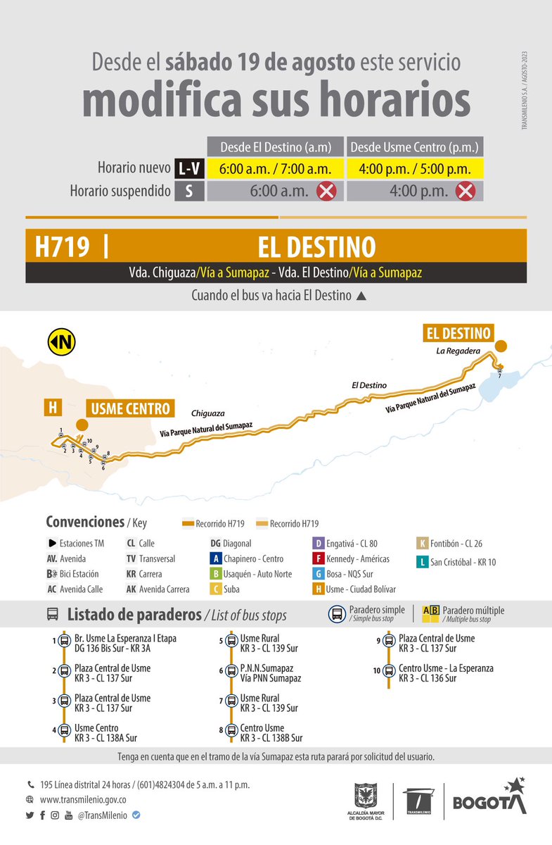 TransMilenio's tweet photo. Recuerda, ☝🏼A partir de hoy 19 de agosto, la ruta H719 El Destino ajusta su horario de operación. 

Para más información visita: 🔗 https://t.co/BTUCoAxJUh https://t.co/tKtTFckXDx