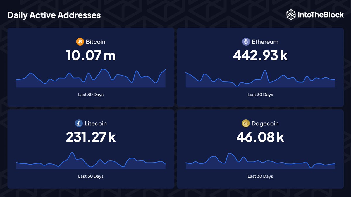 Despite complex markets, active addresses for most top blockchains have  remained stable. Some assets, like $LTC and $DOGE, even showed significant  spikes in activity recently. #Bitcoin #Ethereum #Dogecoin #Litecoin