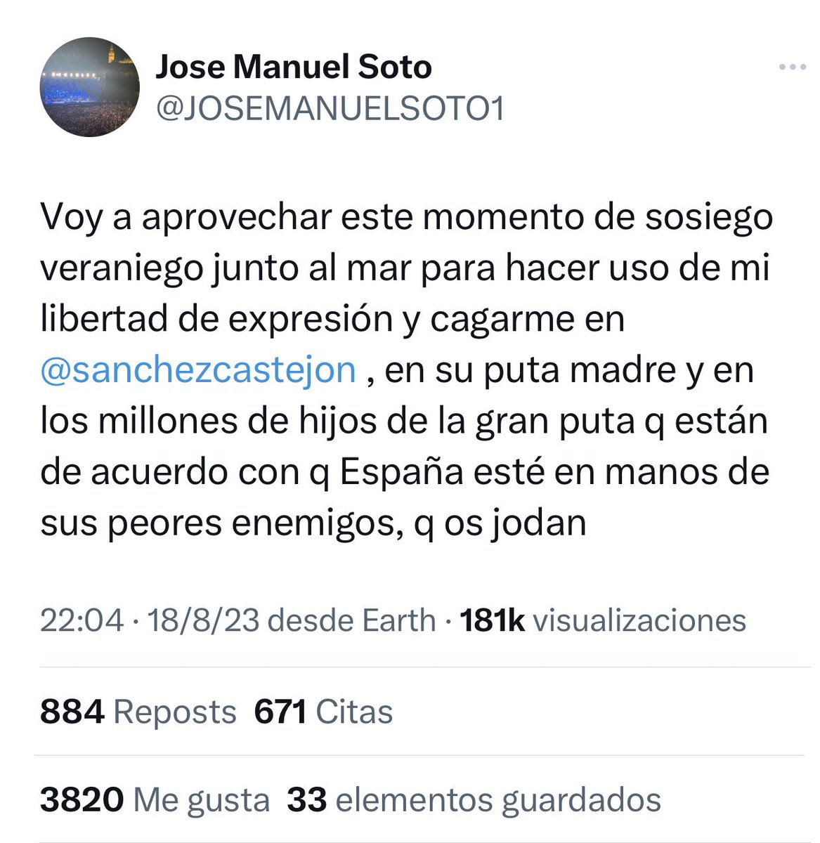 pepebernal's tweet photo. José Manuel Soto ha sido este año el pregonero de la feria de #Marbella. Desconoce la historia y las tradiciones de mi ciudad, pero el PP creyó oportuno que en junio se hiciera un pregón político, que fue de lo que se trató. 
En este post insulta gravemente al presidente de Gobierno, a su familia y a millones de españoles y españolas. 
Entre ellos los 16.668 marbellís y sanpedreños “hijosdeputas” que con sus impuestos le hemos pagado el pregón (porque cobró por ello). Por cierto, el ayuntamiento sigue sin decirnos cuánto pagó por el mitin festivo-político.
Afortunadamente estamos en 2023 y no en 1936, entonces los revanchistas no utilizaban twitter.