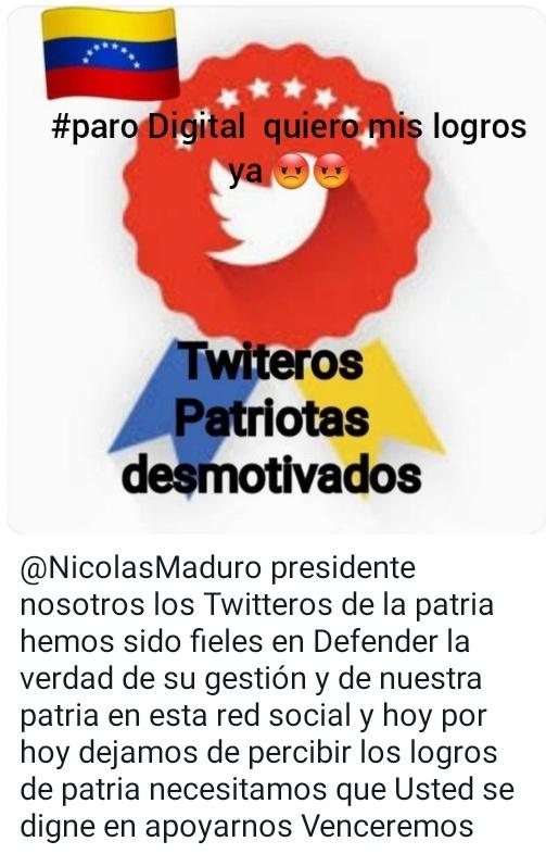 Oído al Tambor📢  <a href="/NicolasMaduro/">Nicolás Maduro</a> <a href="/SistemaPatria/">Sistema Patria_ve</a> <a href="/CarnetDLaPatria/">Carnet de la patria</a>
Los Tuiteros de la Revolución, Exigimos que sean Recíprocos con Nosotros, Expliquen los Motivos para la Suspensión de sus logros lo cual es un Apoyo para Recargar sus saldos para seguir Apoyándolos