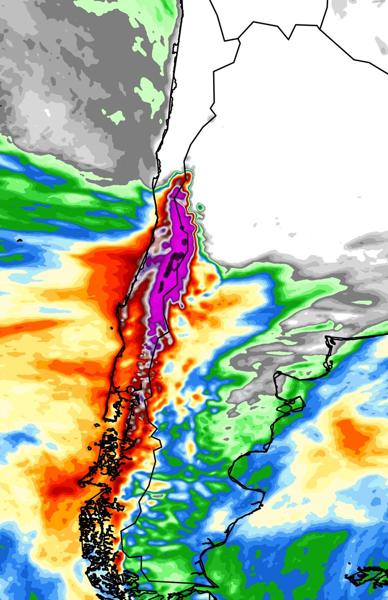 Projeção de chuva nos próximos dias conforme rodada do modelo WRF 7km do CPTEC/INPE. Impressionante o volume de chuvas previstas em áreas do Chile, com acumulados acima dos 700 mm, que trará sérios transtornos.