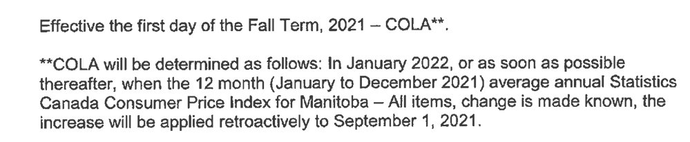 The following is from the most recent contract of teachers in Brandon, MB where they implemented a COLA clause. This is exactly how #etfo's proposal could work and it isn't difficult. It would give teachers wage protection and eliminate any fight over compensation. #onted