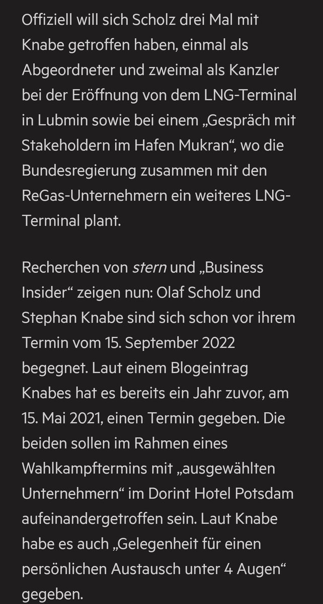 Neues zu den Lobbykontakten von Olaf #Scholz in Sachen #LNG-Terminal auf Rügen: Scholz hat sich öfter mit einem fragwürdigen Geschäftsmann getroffen als bisher bekannt, berichten <a href="/OliverSchroem/">Oliver Schröm</a> (STERN) und <a href="/BusinessInsider/">Business Insider</a>:
stern.de/politik/olaf-s…