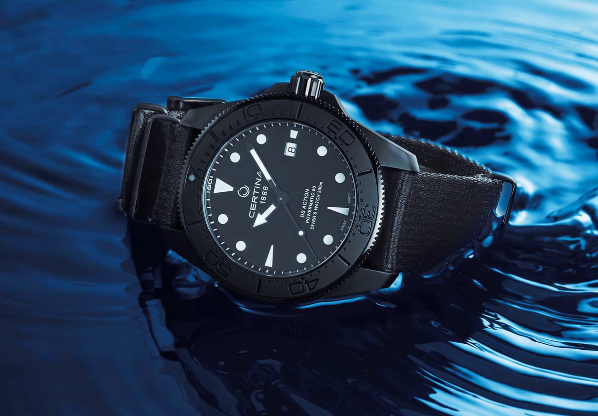 time_watches's tweet image. The latest interpretation of the #Certina DS Action #Diver 43 mm is dressed completely in black with a  PVD-coated steel case, a unidirectional rotating bezel with ceramic inlay, and a NATO strap. Read about it at timeandwatches.com/2023/08/certin… #divewatch #diverswatch #blackwatch